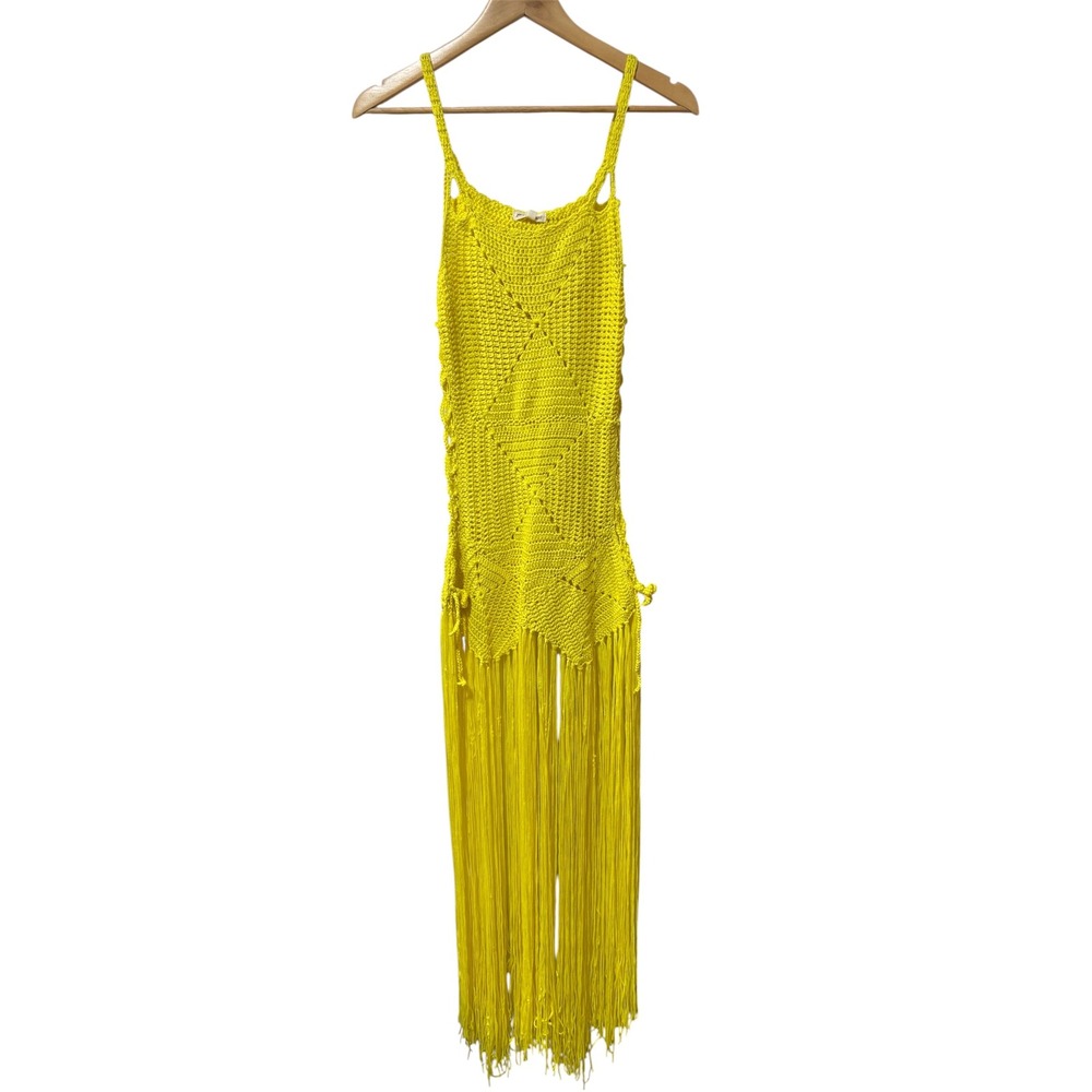 Love Sense Crochet Cover Up Women M/L Neon Lime Fringe Festival LSD-2430